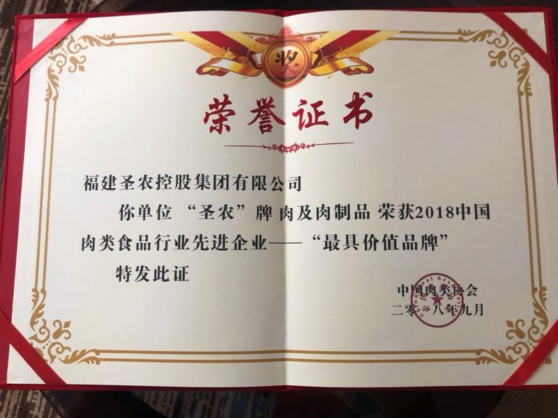 2018（尊龙官方网站首页集团）中国肉类食品行业先进企业——最具价值品牌