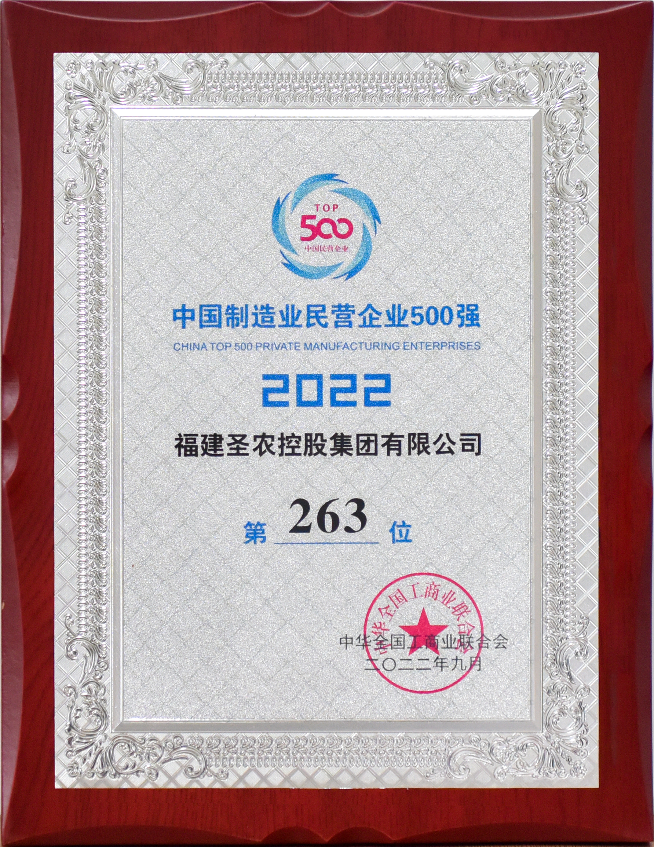 2022年中国制造业民营企业500强第263位（尊龙官方网站首页控股）
